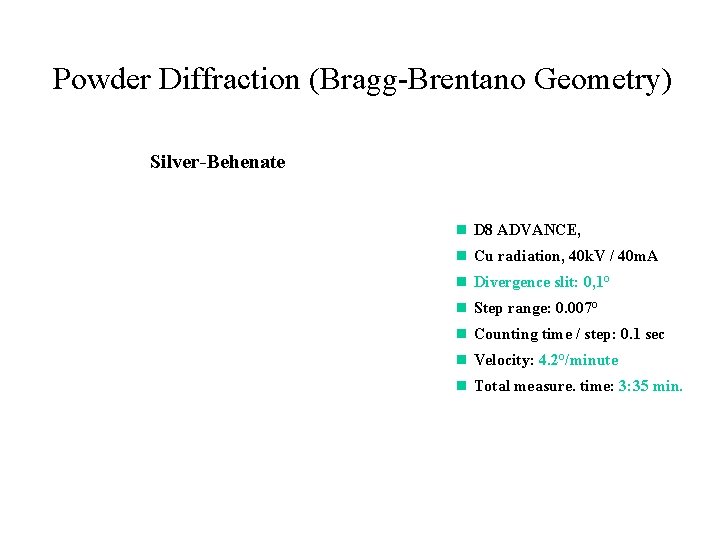 Powder Diffraction (Bragg-Brentano Geometry) Silver-Behenate n D 8 ADVANCE, n Cu radiation, 40 k.