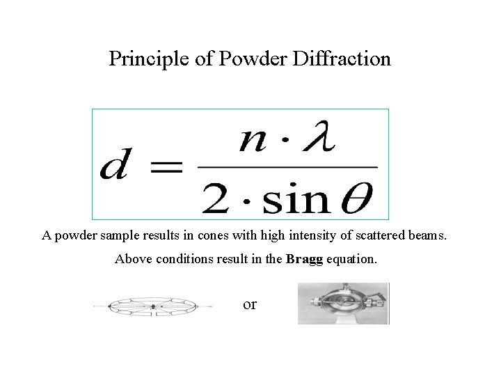 Principle of Powder Diffraction A powder sample results in cones with high intensity of