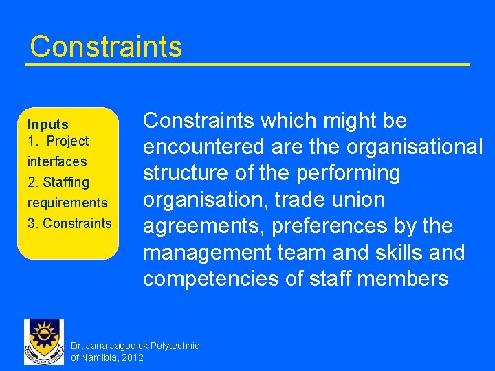 Constraints Inputs 1. Project interfaces 2. Staffing requirements 3. Constraints which might be encountered
