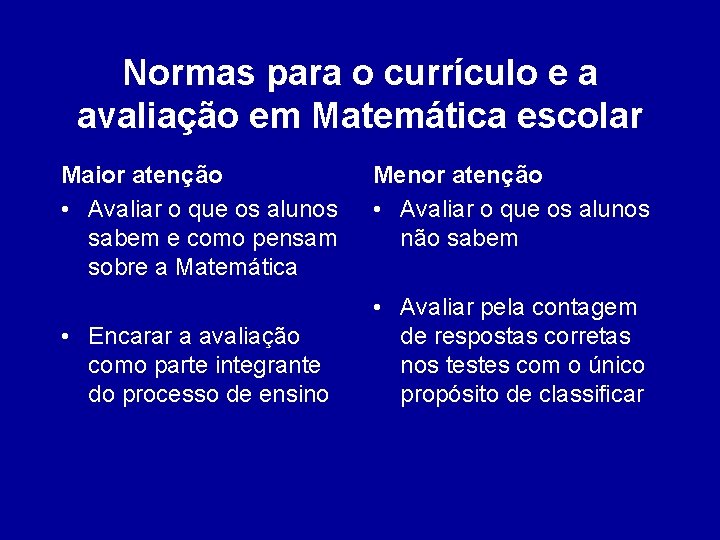 Normas para o currículo e a avaliação em Matemática escolar Maior atenção • Avaliar