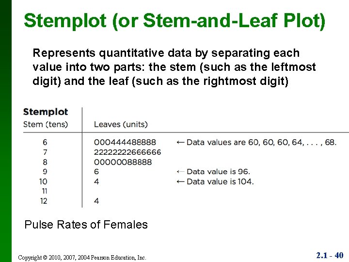 Stemplot (or Stem-and-Leaf Plot) Represents quantitative data by separating each value into two parts: