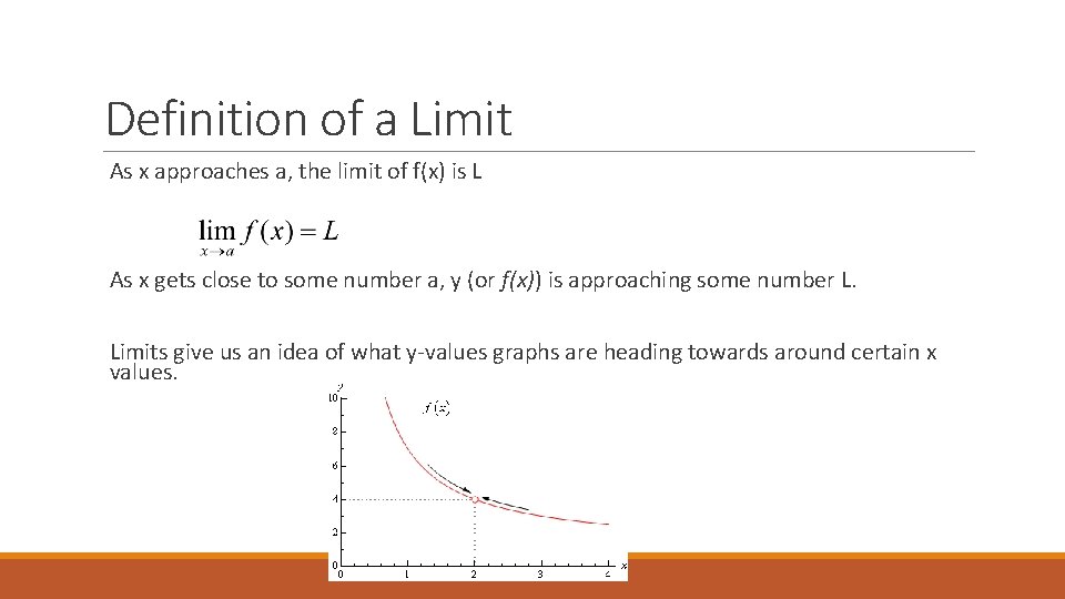 Definition of a Limit As x approaches a, the limit of f(x) is L