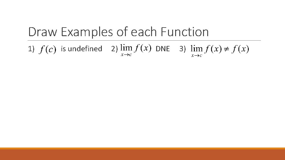 Draw Examples of each Function 1) is undefined 2) DNE 3) 