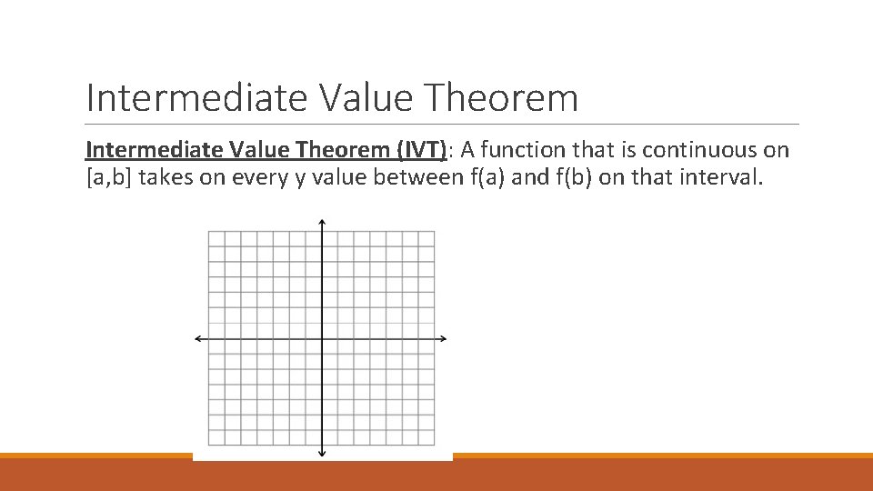 Intermediate Value Theorem (IVT): A function that is continuous on [a, b] takes on