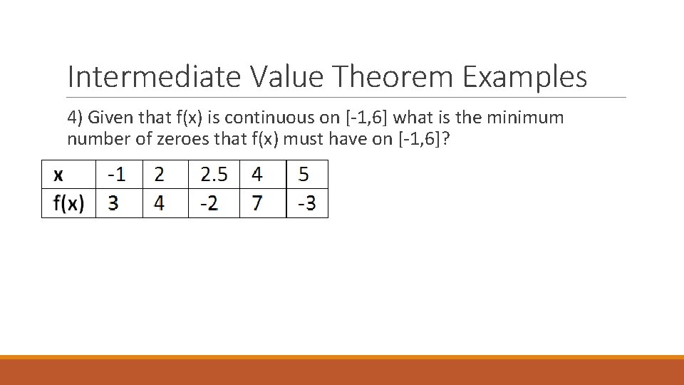 Intermediate Value Theorem Examples 4) Given that f(x) is continuous on [-1, 6] what