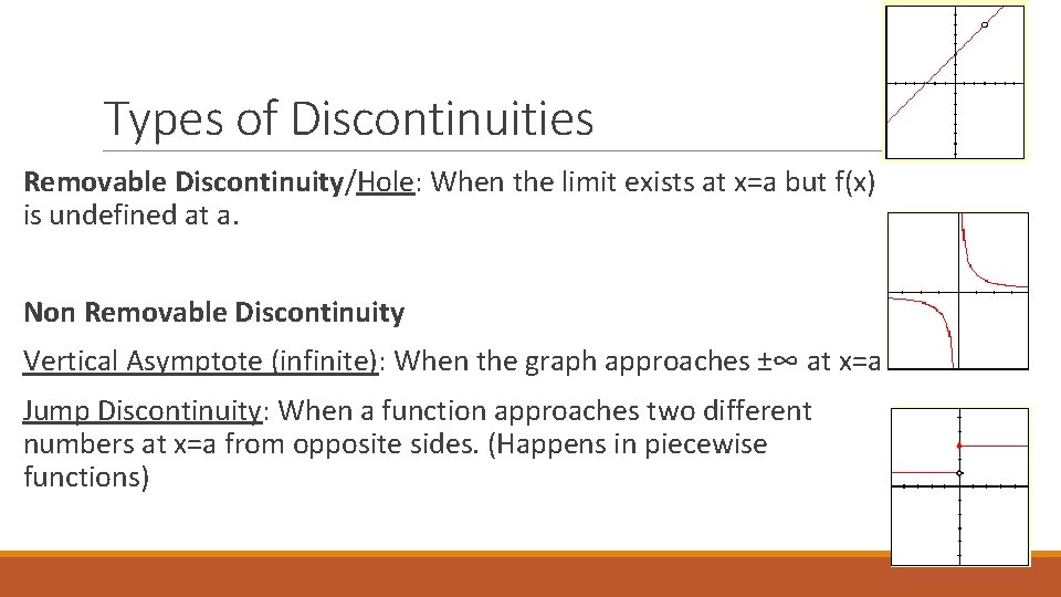 Types of Discontinuities Removable Discontinuity/Hole: When the limit exists at x=a but f(x) is