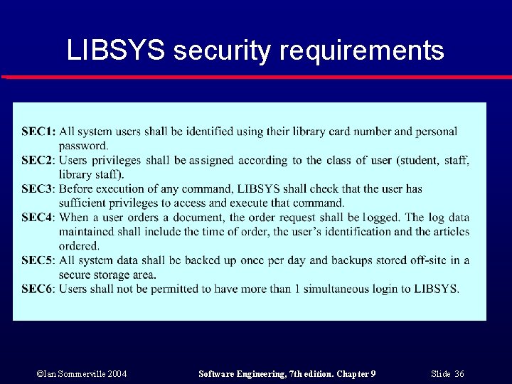 LIBSYS security requirements ©Ian Sommerville 2004 Software Engineering, 7 th edition. Chapter 9 Slide