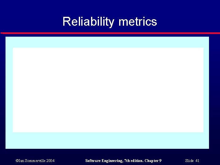 Reliability metrics ©Ian Sommerville 2004 Software Engineering, 7 th edition. Chapter 9 Slide 41