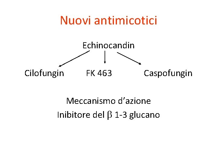 Nuovi antimicotici Echinocandin Cilofungin FK 463 Caspofungin Meccanismo d’azione Inibitore del 1 -3 glucano Nuovi antimicotici Echinocandin Cilofungin FK 463 Caspofungin Meccanismo d’azione Inibitore del 1 -3 glucano