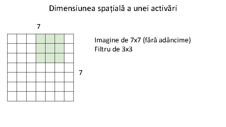 Dimensiunea spațială a unei activări 7 Imagine de 7 x 7 (fără adâncime) Filtru