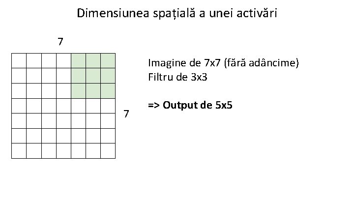 Dimensiunea spațială a unei activări 7 Imagine de 7 x 7 (fără adâncime) Filtru