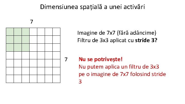 Dimensiunea spațială a unei activări 7 Imagine de 7 x 7 (fără adâncime) Filtru