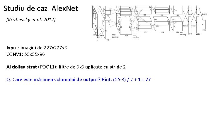 Studiu de caz: Alex. Net [Krizhevsky et al. 2012] Input: imagini de 227 x