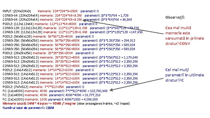 INPUT: [224 x 3] memorie: 224*3=150 K parametrii: 0 CONV 3 -64: [224 x
