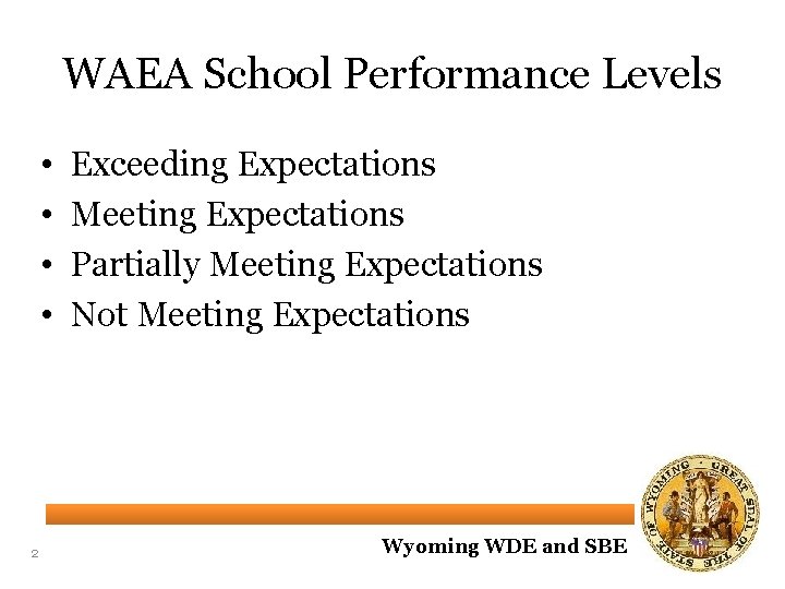 WAEA School Performance Levels • • 2 Exceeding Expectations Meeting Expectations Partially Meeting Expectations