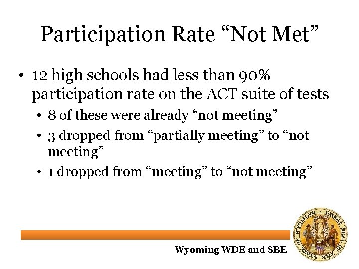 Participation Rate “Not Met” • 12 high schools had less than 90% participation rate