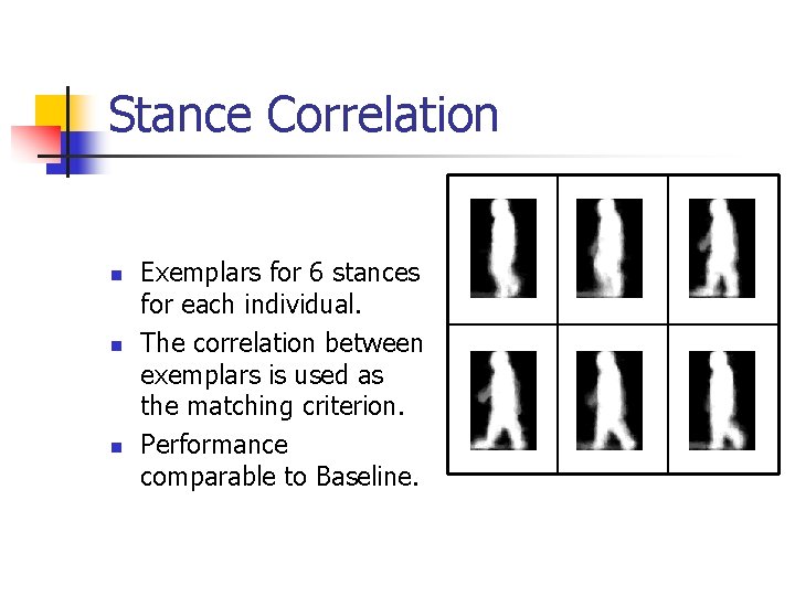 Stance Correlation n Exemplars for 6 stances for each individual. The correlation between exemplars