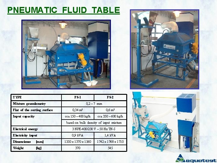 PNEUMATIC FLUID TABLE TYPE FS-1 Mixture granulometry Flat of the sorting surface Input capacity