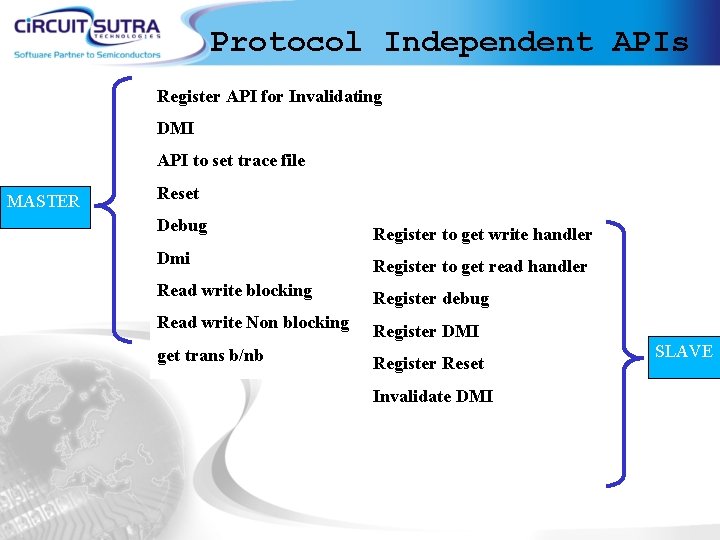 Protocol Independent APIs Register API for Invalidating DMI API to set trace file MASTER