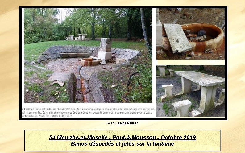 Article l' Est Républicain 54 Meurthe-et-Moselle - Pont-à-Mousson - Octobre 2019 Bancs déscellés et