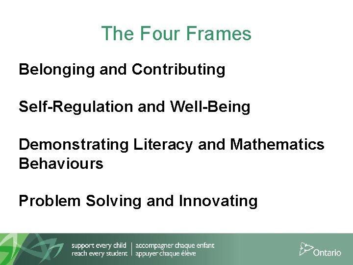 The Four Frames Belonging and Contributing Self-Regulation and Well-Being Demonstrating Literacy and Mathematics Behaviours