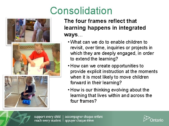 Consolidation The four frames reflect that learning happens in integrated ways… • What can
