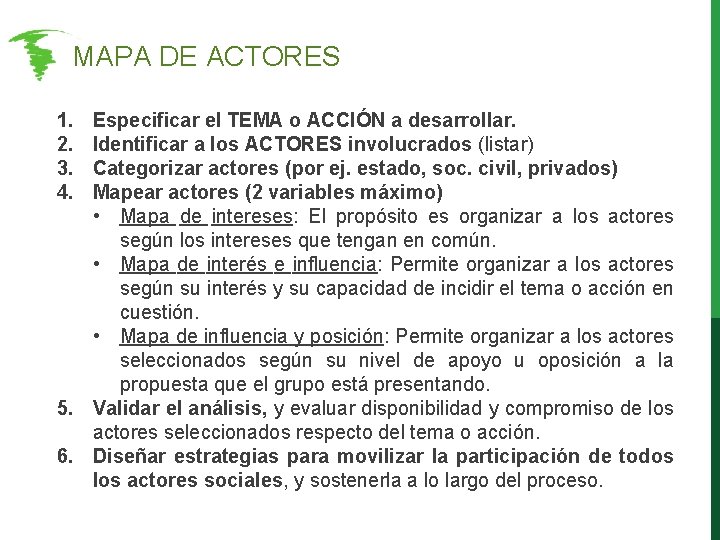 MAPA DE ACTORES 1. 2. 3. 4. Especificar el TEMA o ACCIÓN a desarrollar. MAPA DE ACTORES 1. 2. 3. 4. Especificar el TEMA o ACCIÓN a desarrollar.