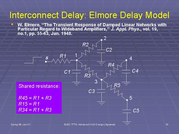 Interconnect Delay: Elmore Delay Model § W. Elmore, “The Transient Response of Damped Linear