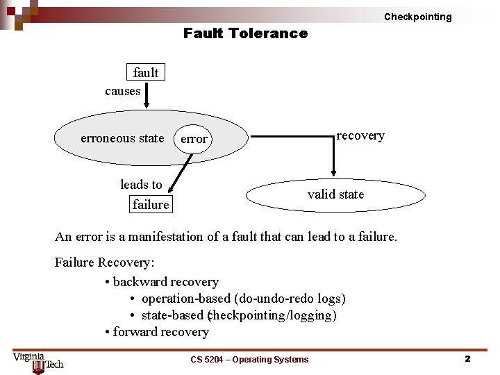 Checkpointing Fault Tolerance fault causes erroneous state leads to failure recovery error valid state