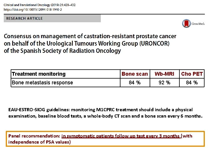 Treatment monitoring Bone metastasis response Bone scan Wb-MRI Cho PET 84 % 92 % Treatment monitoring Bone metastasis response Bone scan Wb-MRI Cho PET 84 % 92 %