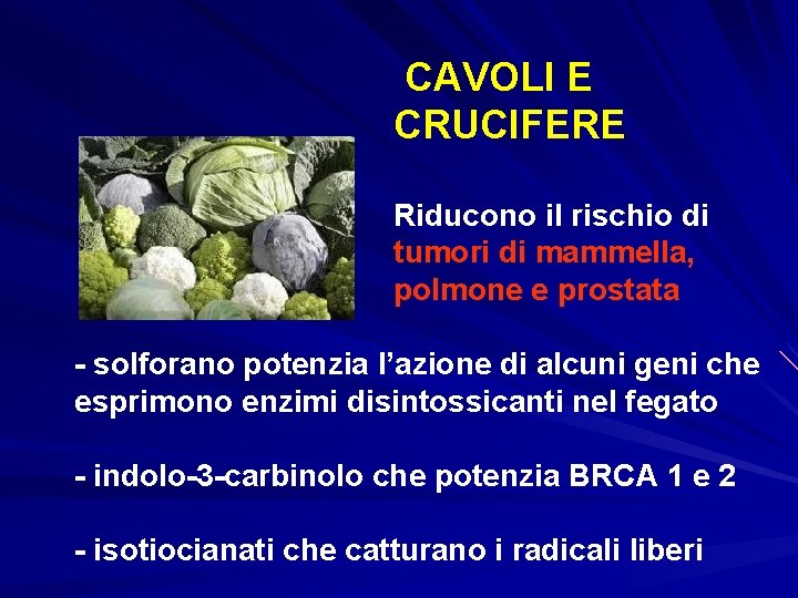 CAVOLI E CRUCIFERE Riducono il rischio di tumori di mammella, polmone e prostata -