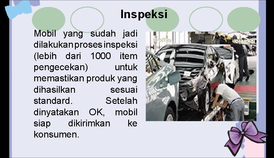 Inspeksi Mobil yang sudah jadi dilakukan proses inspeksi (lebih dari 1000 item pengecekan) untuk