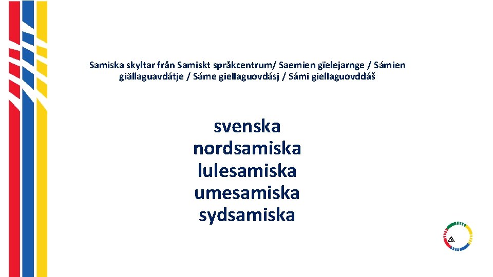Samiska skyltar från Samiskt språkcentrum/ Saemien gïelejarnge / Sámien giällaguavdátje / Sáme giellaguovdásj / Samiska skyltar från Samiskt språkcentrum/ Saemien gïelejarnge / Sámien giällaguavdátje / Sáme giellaguovdásj /