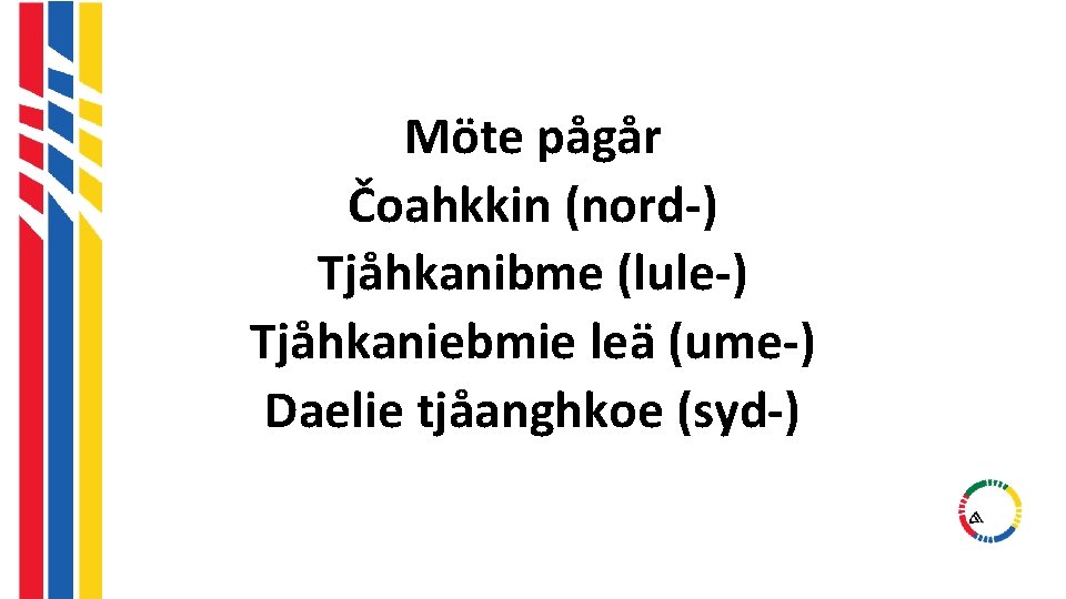 Möte pågår Čoahkkin (nord-) Tjåhkanibme (lule-) Tjåhkaniebmie leä (ume-) Daelie tjåanghkoe (syd-) Möte pågår Čoahkkin (nord-) Tjåhkanibme (lule-) Tjåhkaniebmie leä (ume-) Daelie tjåanghkoe (syd-)