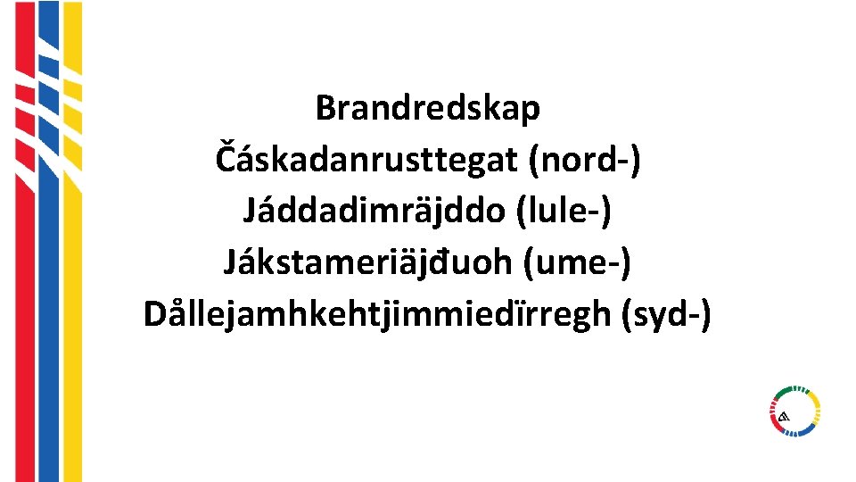 Brandredskap Čáskadanrusttegat (nord-) Jáddadimräjddo (lule-) Jákstameriäjđuoh (ume-) Dållejamhkehtjimmiedïrregh (syd-) Brandredskap Čáskadanrusttegat (nord-) Jáddadimräjddo (lule-) Jákstameriäjđuoh (ume-) Dållejamhkehtjimmiedïrregh (syd-)