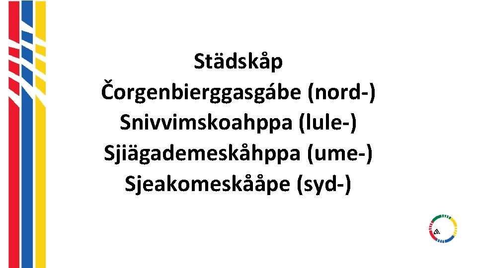 Städskåp Čorgenbierggasgábe (nord-) Snivvimskoahppa (lule-) Sjiägademeskåhppa (ume-) Sjeakomeskååpe (syd-) Städskåp Čorgenbierggasgábe (nord-) Snivvimskoahppa (lule-) Sjiägademeskåhppa (ume-) Sjeakomeskååpe (syd-)