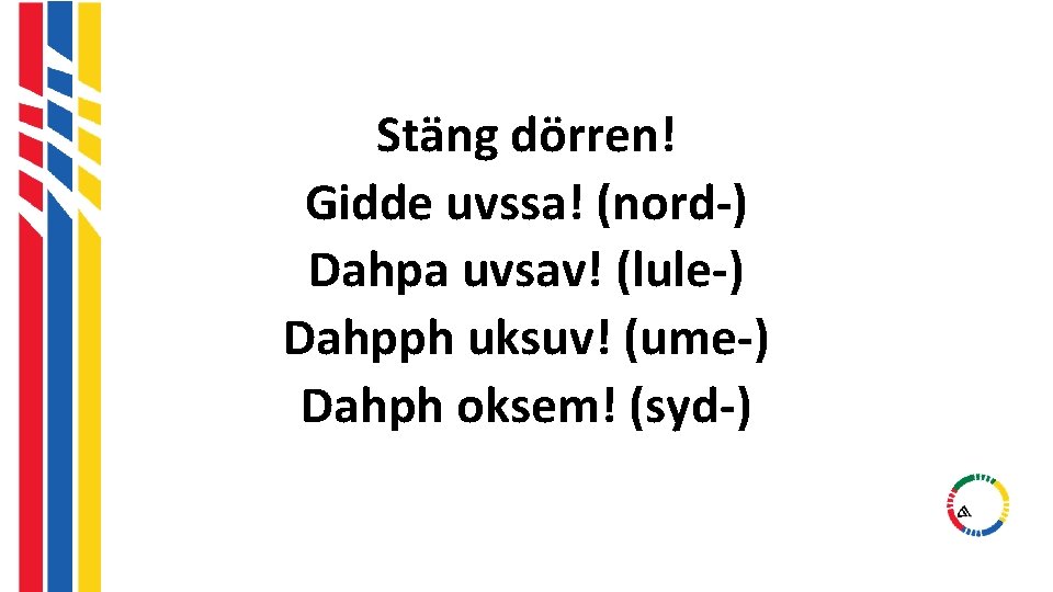 Stäng dörren! Gidde uvssa! (nord-) Dahpa uvsav! (lule-) Dahpph uksuv! (ume-) Dahph oksem! (syd-) Stäng dörren! Gidde uvssa! (nord-) Dahpa uvsav! (lule-) Dahpph uksuv! (ume-) Dahph oksem! (syd-)