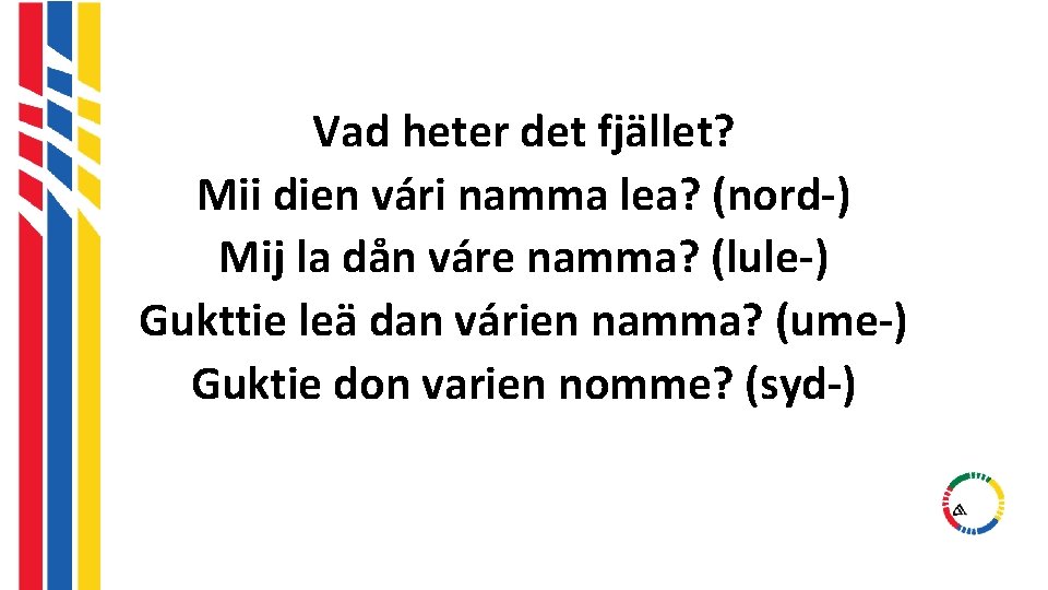 Vad heter det fjället? Mii dien vári namma lea? (nord-) Mij la dån váre Vad heter det fjället? Mii dien vári namma lea? (nord-) Mij la dån váre