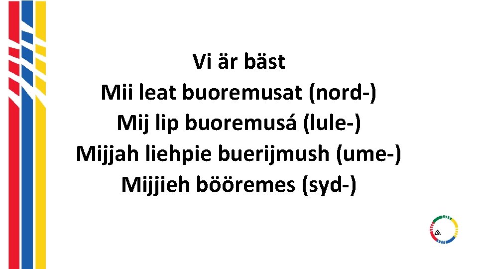 Vi är bäst Mii leat buoremusat (nord-) Mij lip buoremusá (lule-) Mijjah liehpie buerijmush Vi är bäst Mii leat buoremusat (nord-) Mij lip buoremusá (lule-) Mijjah liehpie buerijmush
