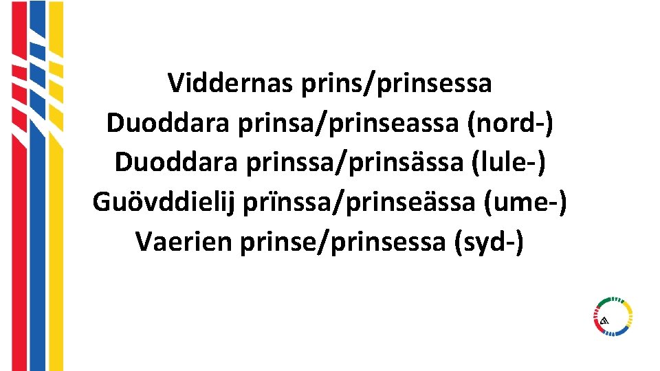 Viddernas prins/prinsessa Duoddara prinsa/prinseassa (nord-) Duoddara prinssa/prinsässa (lule-) Guövddielij prïnssa/prinseässa (ume-) Vaerien prinse/prinsessa (syd-) Viddernas prins/prinsessa Duoddara prinsa/prinseassa (nord-) Duoddara prinssa/prinsässa (lule-) Guövddielij prïnssa/prinseässa (ume-) Vaerien prinse/prinsessa (syd-)