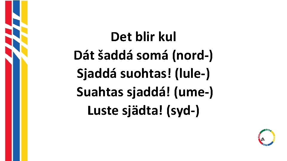 Det blir kul Dát šaddá somá (nord-) Sjaddá suohtas! (lule-) Suahtas sjaddá! (ume-) Luste Det blir kul Dát šaddá somá (nord-) Sjaddá suohtas! (lule-) Suahtas sjaddá! (ume-) Luste