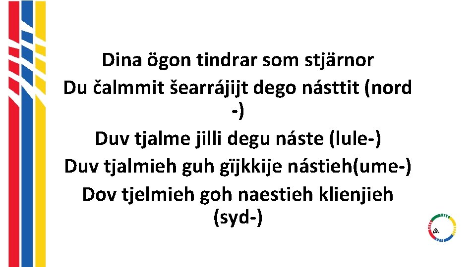 Dina ögon tindrar som stjärnor Du čalmmit šearrájijt dego násttit (nord -) Duv tjalme Dina ögon tindrar som stjärnor Du čalmmit šearrájijt dego násttit (nord -) Duv tjalme