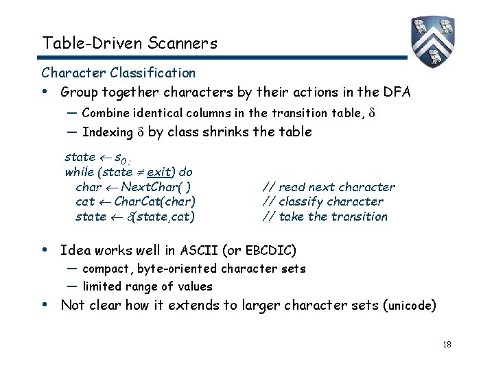 Table-Driven Scanners Character Classification • Group together characters by their actions in the DFA