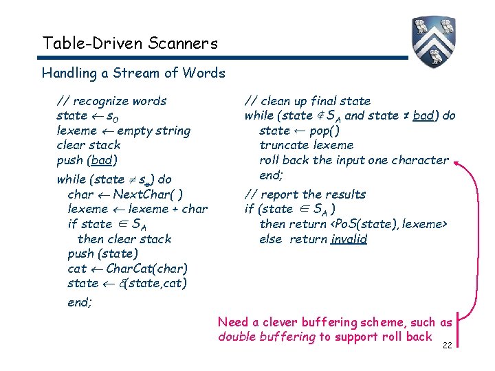 Table-Driven Scanners Handling a Stream of Words // recognize words state s 0 lexeme