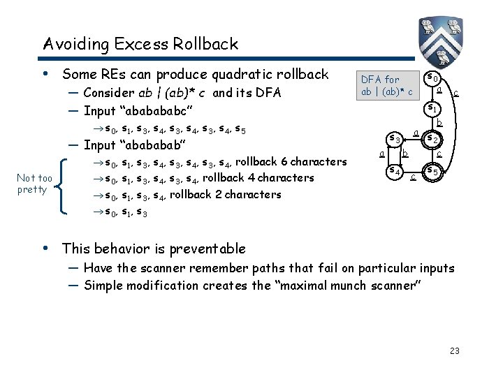 Avoiding Excess Rollback • Some REs can produce quadratic rollback — Consider ab |