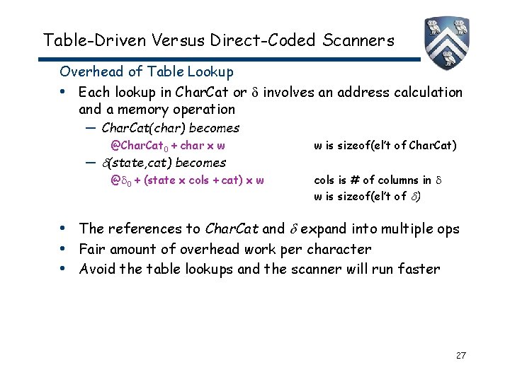 Table-Driven Versus Direct-Coded Scanners Overhead of Table Lookup • Each lookup in Char. Cat