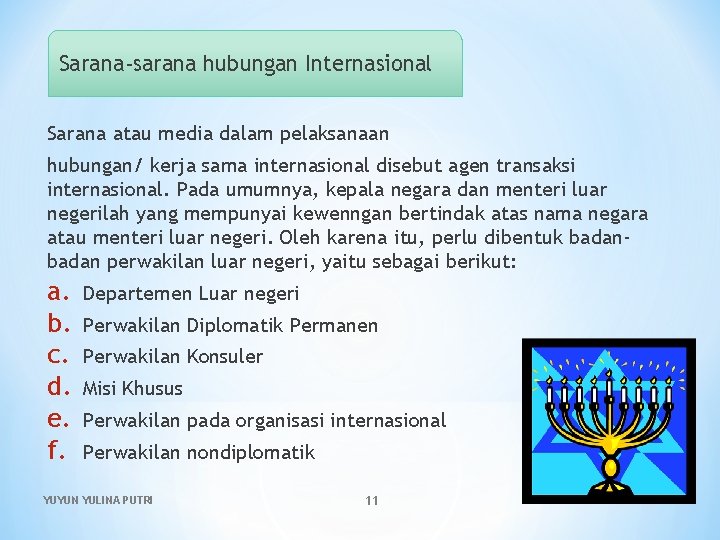 Sarana-sarana hubungan Internasional Sarana atau media dalam pelaksanaan hubungan/ kerja sama internasional disebut agen