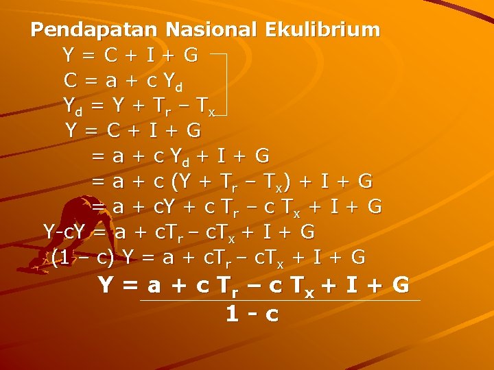 Pendapatan Nasional Ekulibrium Y=C+I+G C = a + c Yd Y d = Y