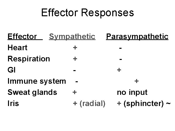 Effector Responses Effector Sympathetic Parasympathetic Heart + Respiration + GI + Immune system +