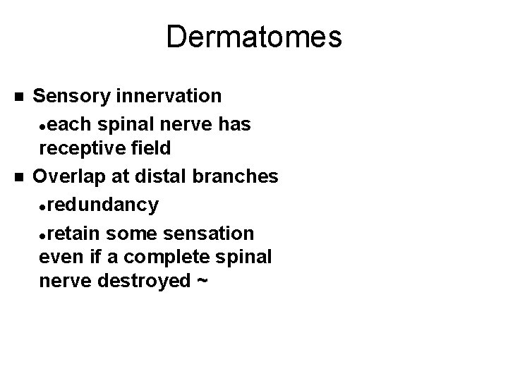 Dermatomes n n Sensory innervation leach spinal nerve has receptive field Overlap at distal